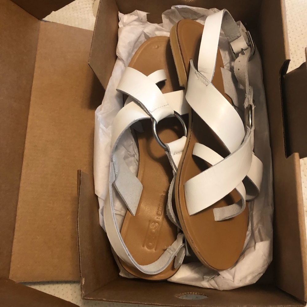 New white leather sandals